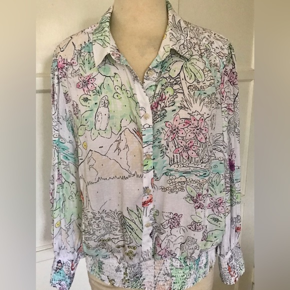 Anthropologie Maeve Tropical print blouse gathered waist/ wrists. Like new! SzXL - Picture 3 of 12